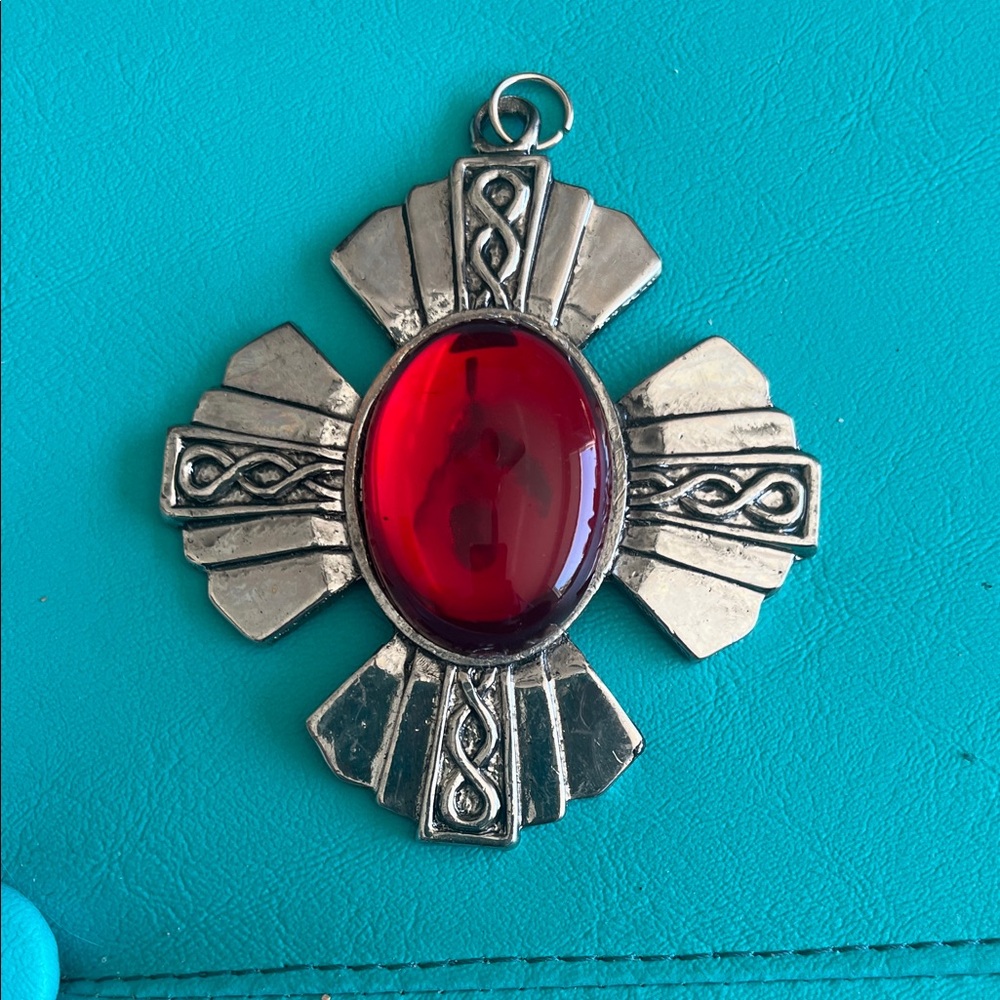 Silver Cross Pendant with Red Gem